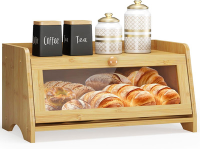 Bamboo Bread Box Large Wooden Farmhouse Bread Storage with Window