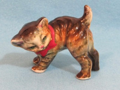 Vintage Porcelain Brown Striped Playful Tabby Cat Figurine with Red Bow Collar