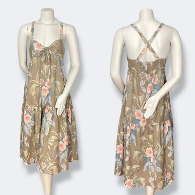 Vintage 1970s Plain Jane Dress Hawaiian Cut-Out Brown Tie Bust Sleeveless Midi
