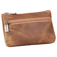 Brown Genuine Leather Small Coin Holder Change Purse Zipper Key Card Wallet.