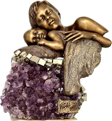 MOTHER & BABY Bronze STATUE W/Semi-Precious Amethyst stone by Jose Luis SPAIN