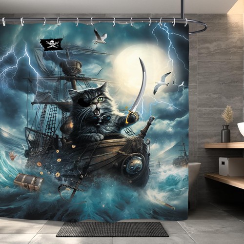 Funny Cat Bathroom Shower Curtain Inch Pirate Ship 60W by 71H Cat Blue Ocean - Picture 8 of 8