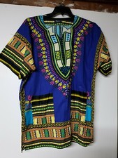 Unisex Blue African Dashiki Top. Multi Color. Short Sleeve. 100 Cotton