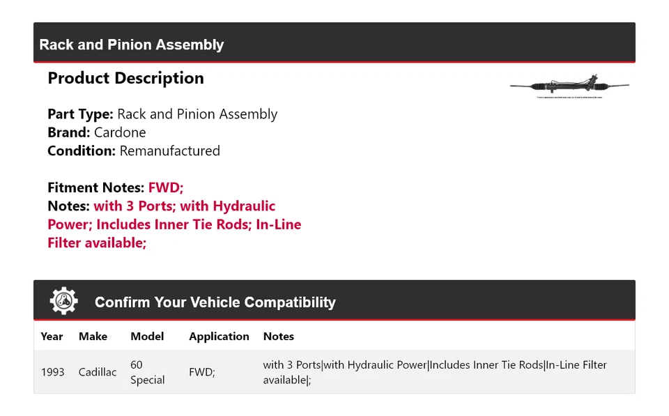 Conjunto de piñón y cremallera especial para Cadillac 60 1993 tracción delantera Cardone Foto 2 de 4