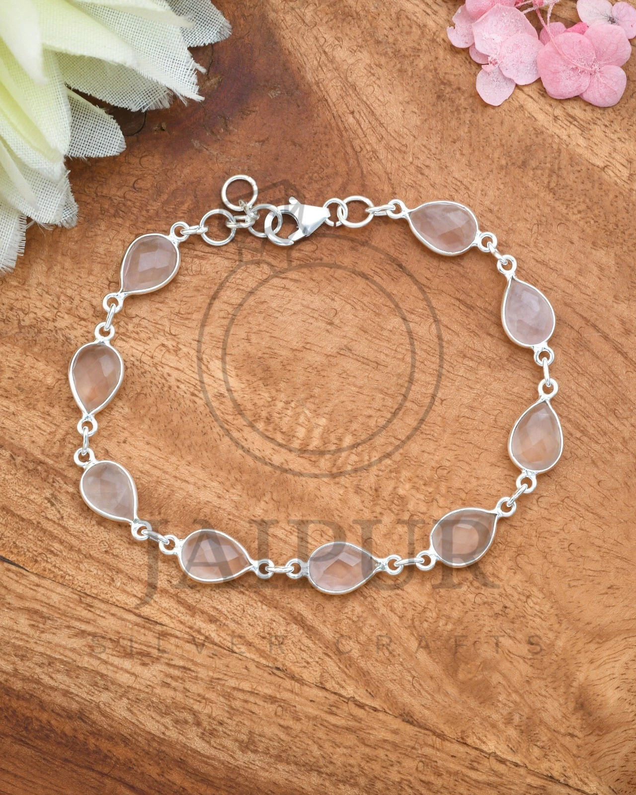 VALENTINO Bracciale regolabile argento sterling 925 massiccio quarzo rosa naturale JSB30