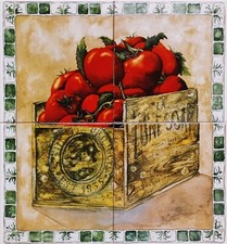 Red Tomatoes in Wooden Box Decorative Ceramic Mural 4 Tiles 15cm Backsplash