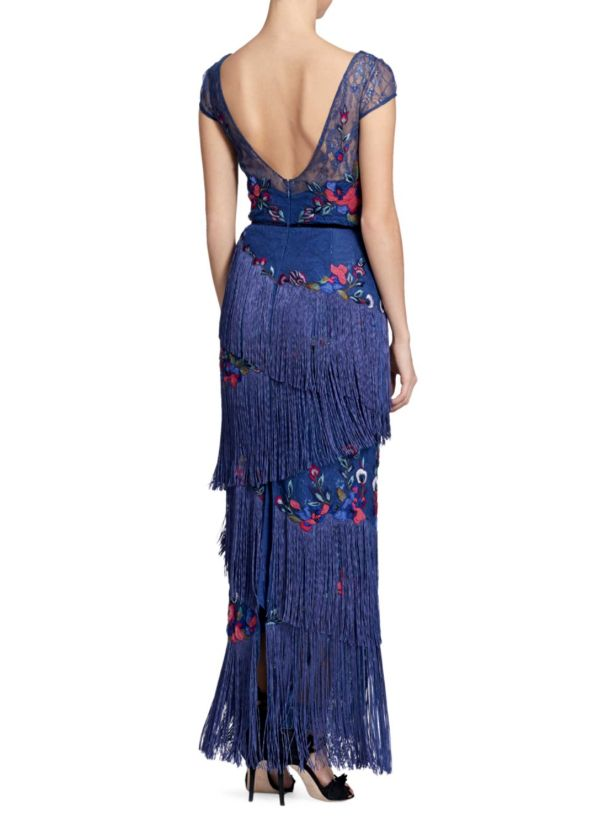 $1295 New Marchesa Notte Cap Sleeve Fringe Gown Dress Blue Embroidery Lace  8 16 | eBay