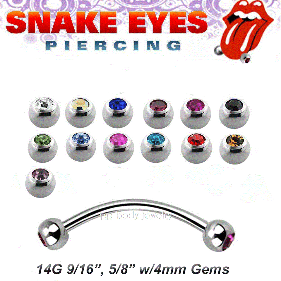 14G Double Gem Surgical Steel Curved Barbell Tongue SnakeEyes Piercing eBay