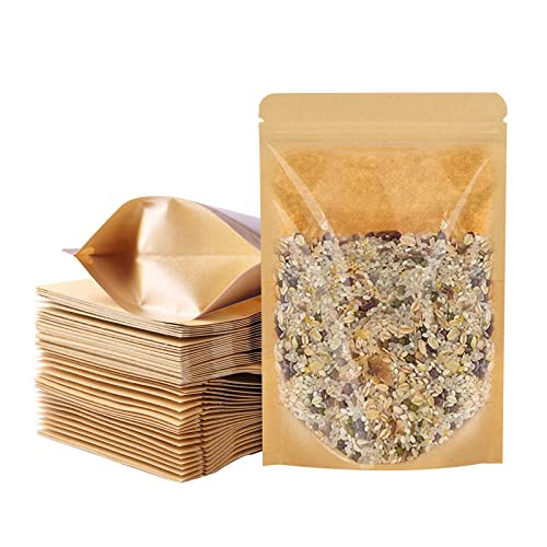 100 PCS Stand Up Pouches, 4 x 6 inch Kraft Paper Food Bags with Clear Window, - Zdjęcie 3 z 6