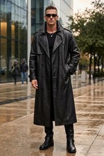 Men's Black Leather Trench Coat Long Gothic Biker Steampunk Outerwear