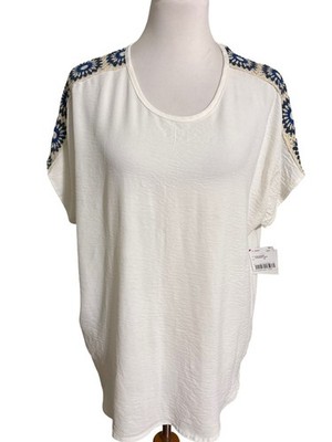 Thread Times White Embroidered Shoulder Relaxed Women s Top