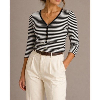NWT Ralph Lauren Blue White Stripe 3/4 Sleeve Button Top Riviera Gold Button S