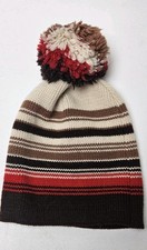 Vintage Wigwam Virgin Wool Winter Beanie Cap Pom Pom Brown Red Cream Stripe