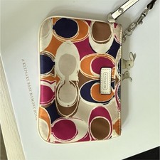 Coach Multicolor Logo Wristlet with White Leather Strap, Zip Closure