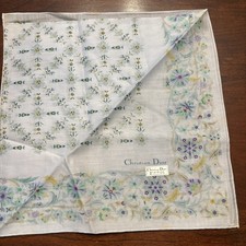 CHRISTIAN DIOR Scarf Handkerchief Floral Cotton White Purple Vintage 20"