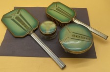Vintage Art Deco Green Guilloche Enamel Vanity Set Mirror Brush Powder Jar