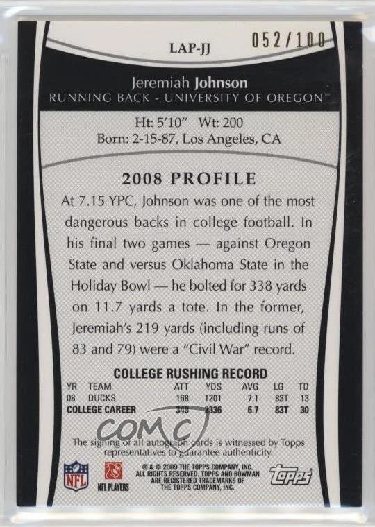 2009 Bowman Draft Picks College Letter Jeremiah Johnson RPA Rookie Patch Auto RC - Image 2 of 2