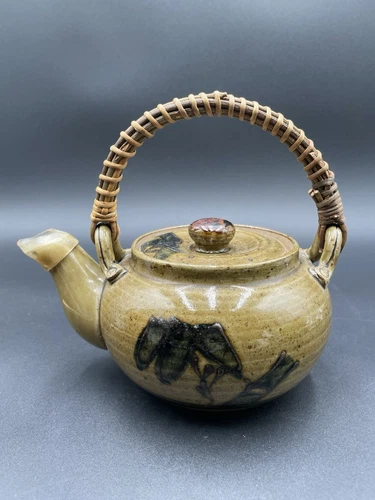 Otagiri Stoneware Teapot OMC Japan Speckled Brown Leaves Rattan Handle Vintage