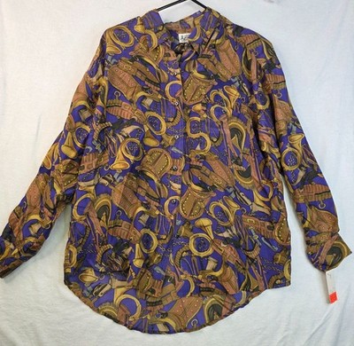 Vintage 80s Whistles Equestrian Silk Button-Up Blouse M Purple Gold Quiet Luxury