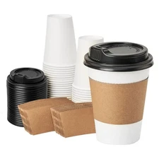 RACETOP 12 oz 50 pack Disposable Paper Coffee Cups with Lids and Sleeves