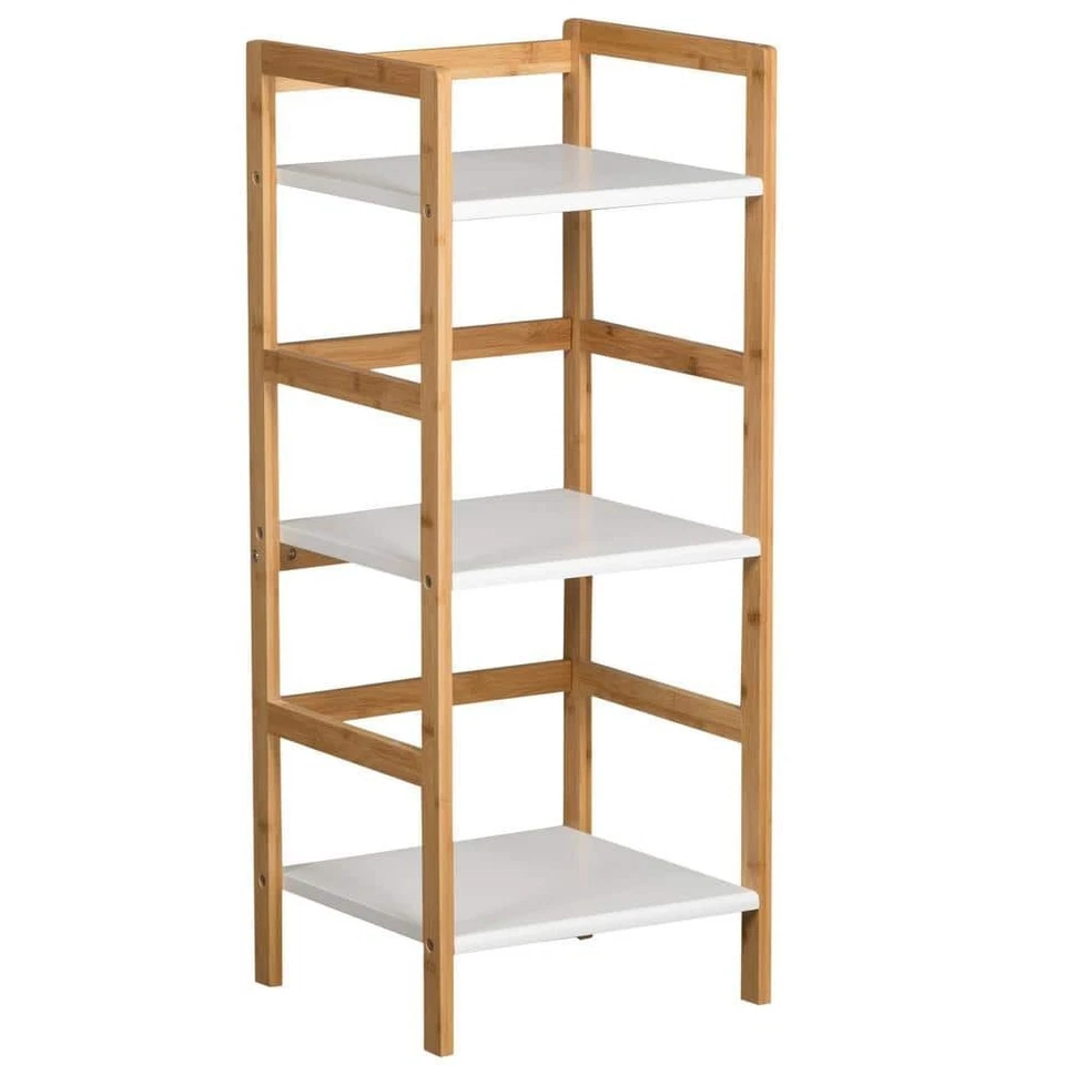 Mini Tower Bookcase 3-Tier Matte White MDF Bamboo Stackable 34"Hx 14"Wx12.75"D - Image 3 of 4