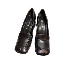 Vtg Prada Black Leather Logo Heels 37.5