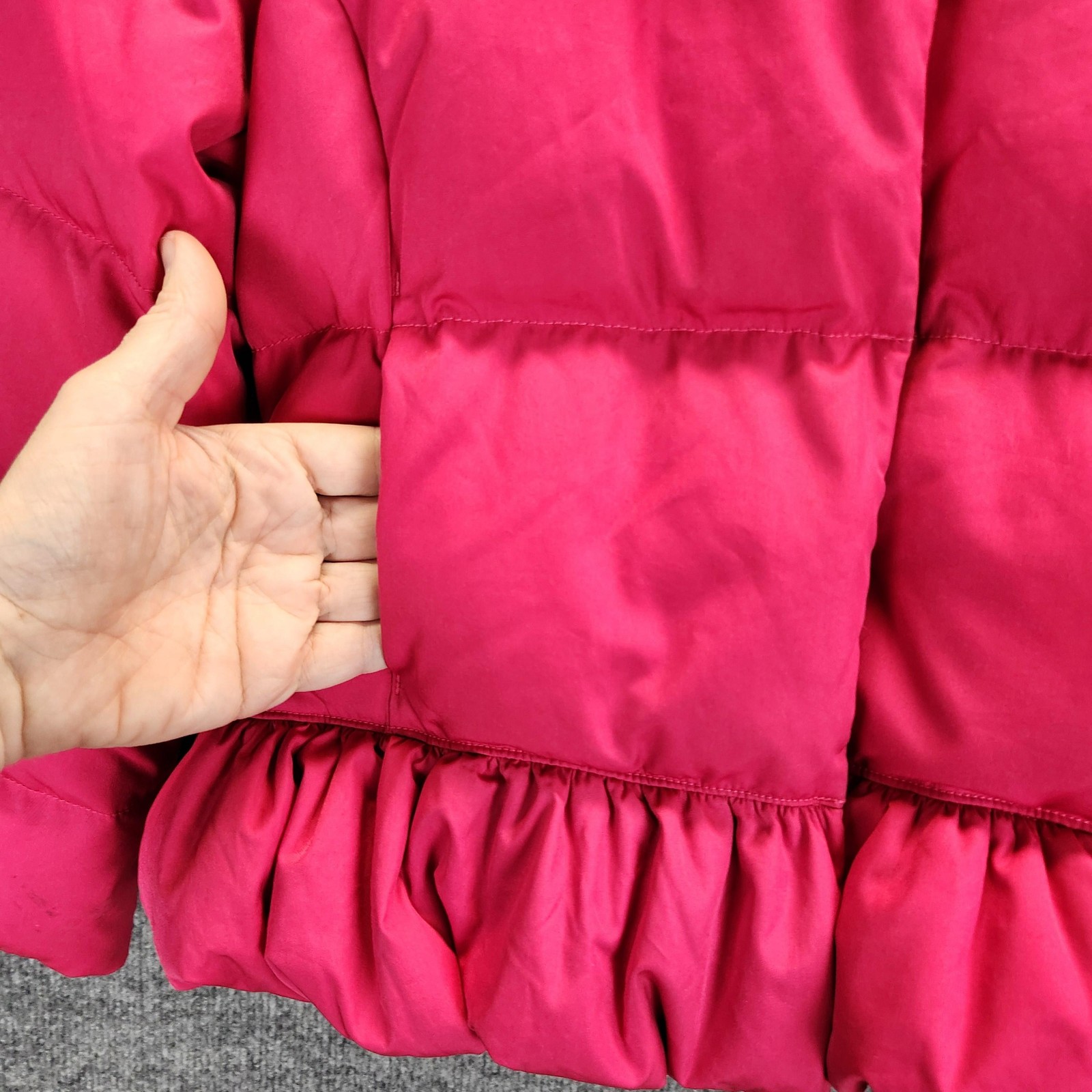 Ralph Lauren Jacket Girls Medium Pink Down Puffer Hooded Ruffle Hem Coat image 4