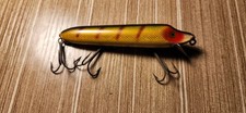 Vintage Heddon Vamp Wood Fishing Lure Triple Hook Yellow Scale Pattern