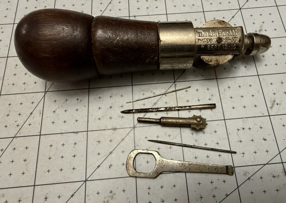 Vtg C.A. Myers Co Sewing Awl Tool w/ Attachments Chicago IL USA Made Awl For All