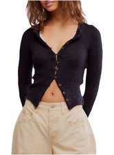 Free People It s On Rib Cardigan Black Knit Button Front Long Sleeve M Boho