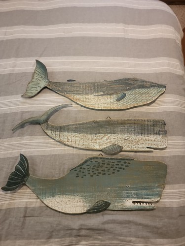 Pottery Barn Wooden Blue Painted Whale Nautical Wall Decor Art 3 Piece Set