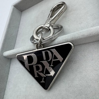 Prada Triangle Logo Keychain Black Silver Enamel Charm RFID Aura
