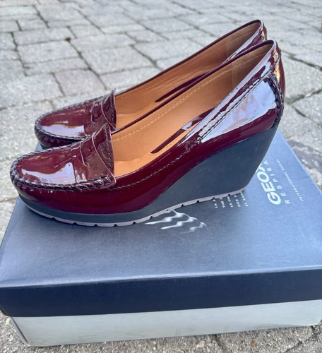 Geox Womens Doris Burgundy Paten Leather Wedge Shoes NIB 40 US 10