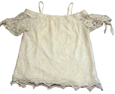 No Boundaries NOBO Top Shirt Womens Large White Floral Lace Lined Short Sleeve