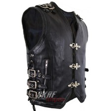 SOA Men's Black Leather Rocker Vest Braided Motorcycle Biker Club Waistcoat