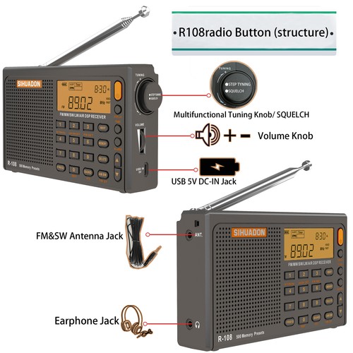 NEW SIHUADON R-108 FM AM Portable Radio Digital SW/LW/MW/AIR/DSP Receiver Gifts - Zdjęcie 2 z 12
