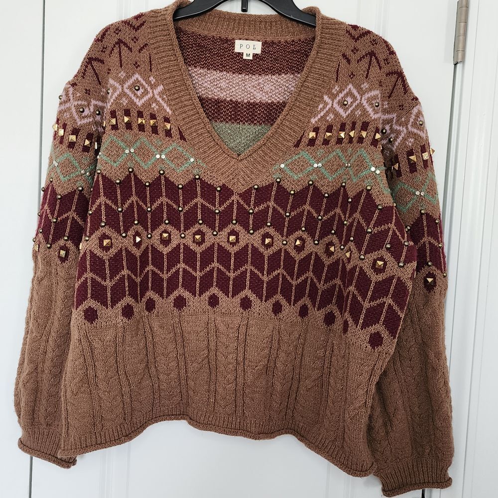 POL Fair Isle Boho V-Neck Sweater with Studs in Brown Multi Size M