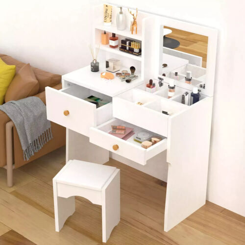 Dressing Table with Mirror Modern Make up Desk Vanity Table Set + Stool White - Picture 3 of 9