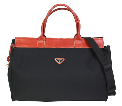 Sisley BLACK NYLON CANVAS BROWN LEATHER TRIM SHOULDER X-BODY DUFFEL TRAVEL BAG