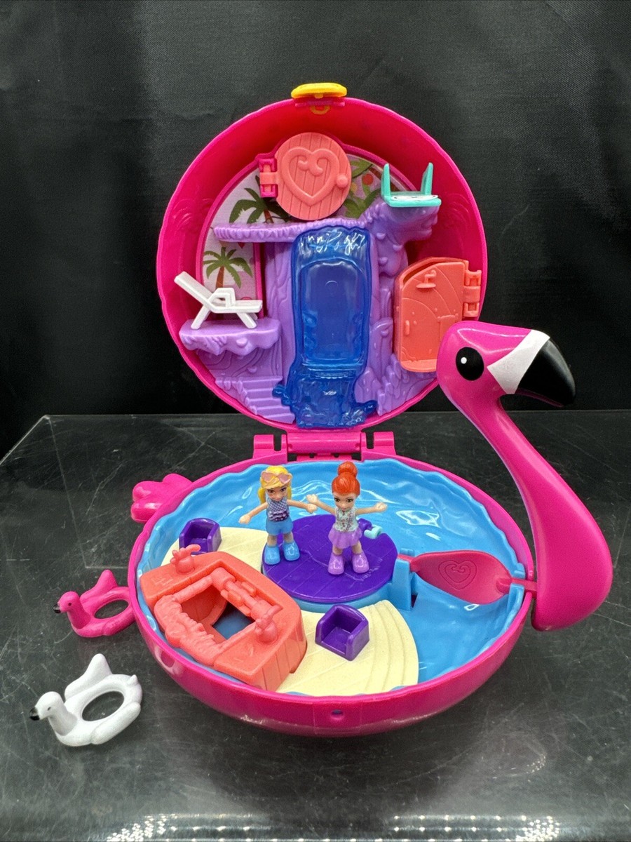 POLLY POCKET big world FLAMINGO FLOATIE COMPACT complete set pool