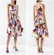 AUTH Dolce & Gabbana Floral Print Cotton White Flared Designer Midi Dress IT38