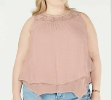 Style & Co Women's Plus Size Lace-Yoke Crochet-Trim Tiered Top, Crushed Petal 1X