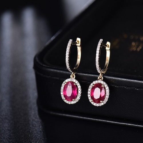 Jewelry Sets Oval 6x8mm 14Kt Yellow Gold Real Diamonds Blood Red Ruby Earrings - Picture 4 of 8