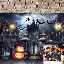 Halloween Backdrop Horror Moon Pumpkin Lantern Castle Bats Cemetery Background