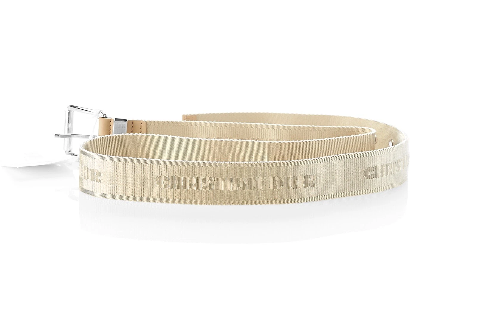Dior   Ceinture   Tissu et cuir beige   Logo boucle argentée   100 cm /40   Neuf & étiquette