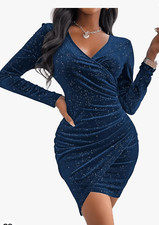 Sexyasasii Women's Mini Wrap Dress V Neck Long Sleeve Velvet Bodycon Glitter Ruc