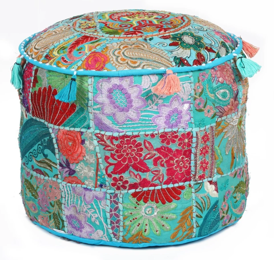 17" Turquoise Blue Handcrafted Round Stool/Ottoman Pouf Cover Seating Pouffe - Image 3 of 4