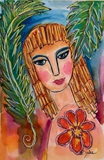 Mixed Media Portrait Girl whimsical Outsider Art collectable Linda Yake 6 X 9