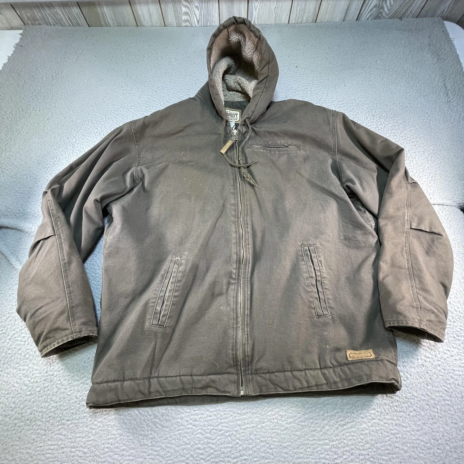 CE Schmidt Workwear Jacket Mens XLT Brown Canvas Hooded Sherpa Lined Insulated