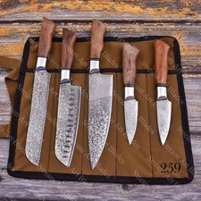 Artisan Hand-Forged Damascus Steel 5-Piece Chef Knife Roll Set | Natural Wood |